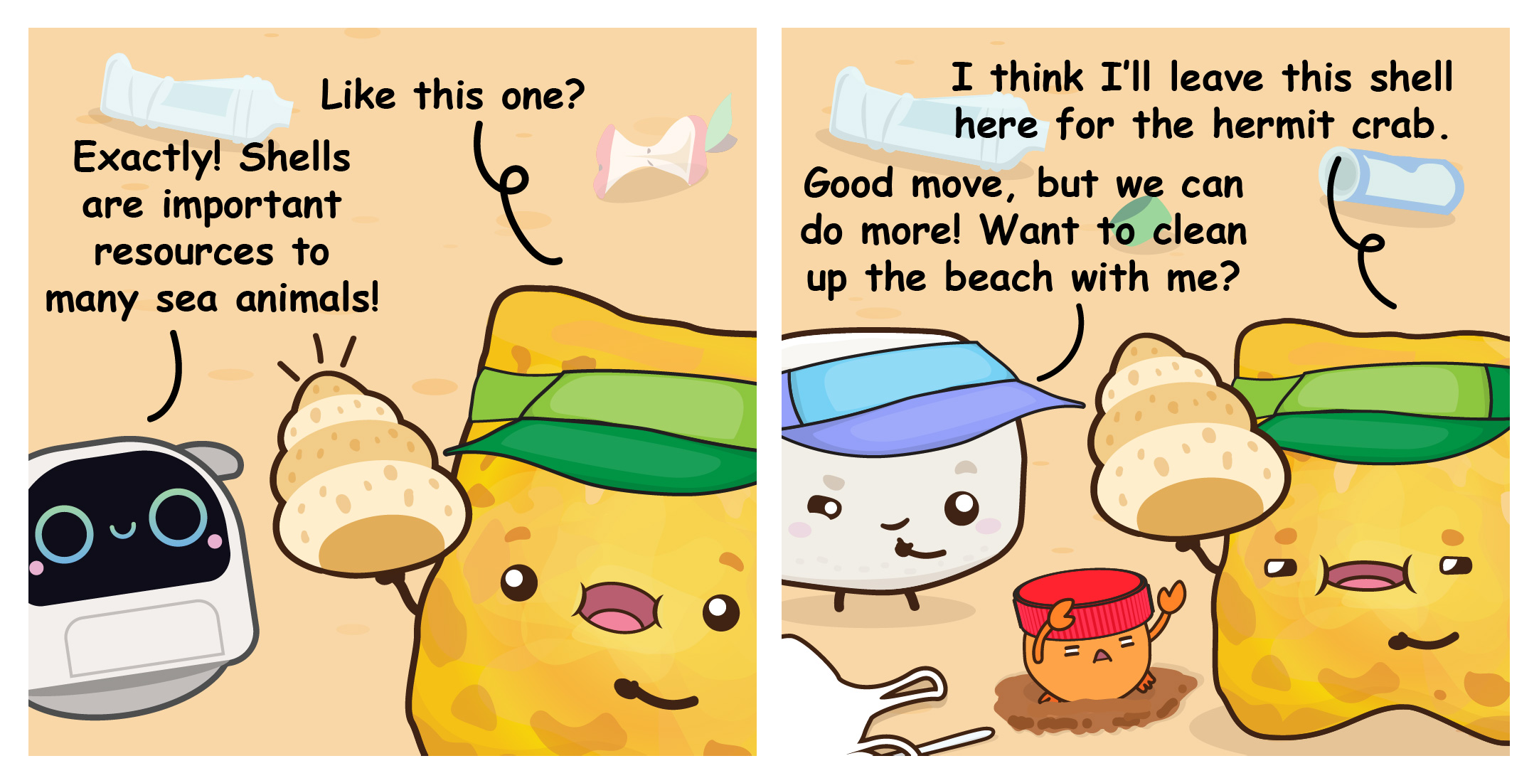 Two-panel comic where Flip decides to leave a shell for the hermit crab, and Bouncy proposes conducting a beach cleanup.